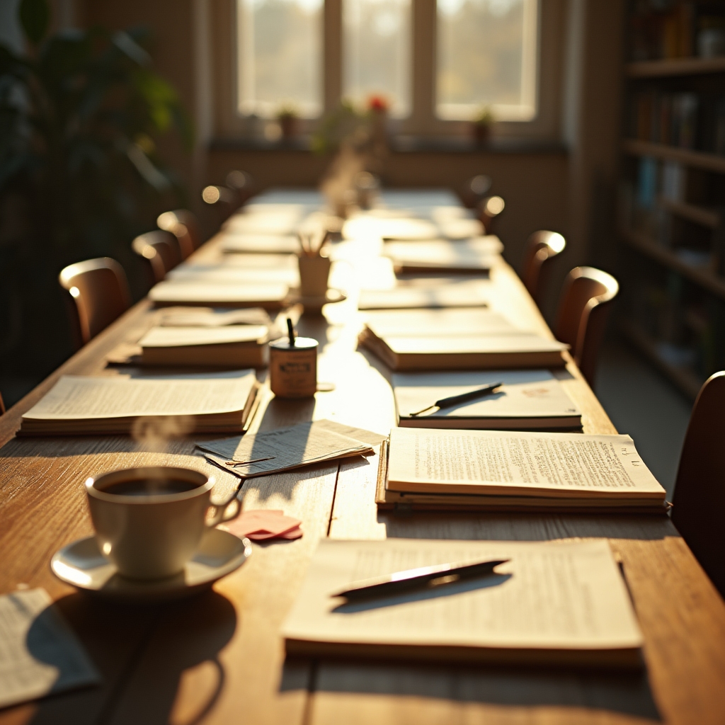 Lernumgebung mit Notizbüchern und Kaffee